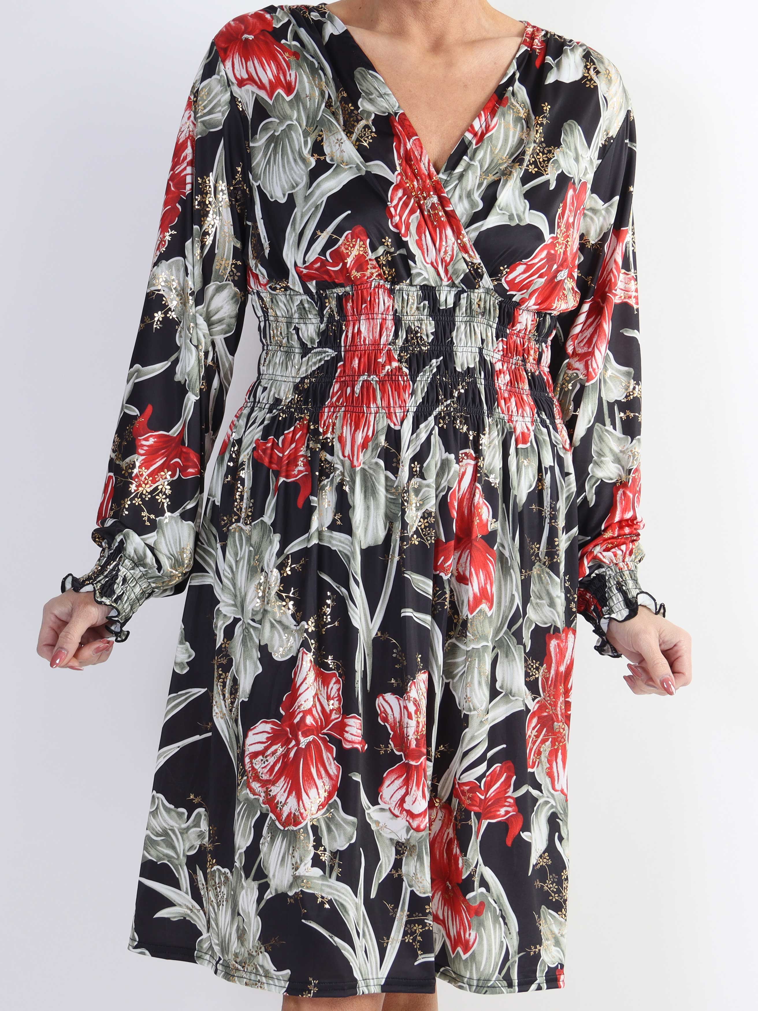 Pams Flower Short L/S - Elastisk mönstrad plus size-klänning i skrynkelfritt tyg